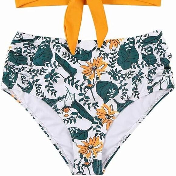 MARIGOLD & FOREST GREEN RUCHED HIGH WAIST BIKINI BOTTOMS SIZE XL NWOT - Picture 2 of 10